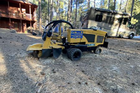 Tree removal, Fire Mitigation and Stump Grinding in Monument, Colorado. Removed several trees at a home in Monument, Colorado for new RV parking, Fire Mitigation and for a healthy forest. Stump Ground all the trees that were removed for a park like look as well as easier to mow the native grass.